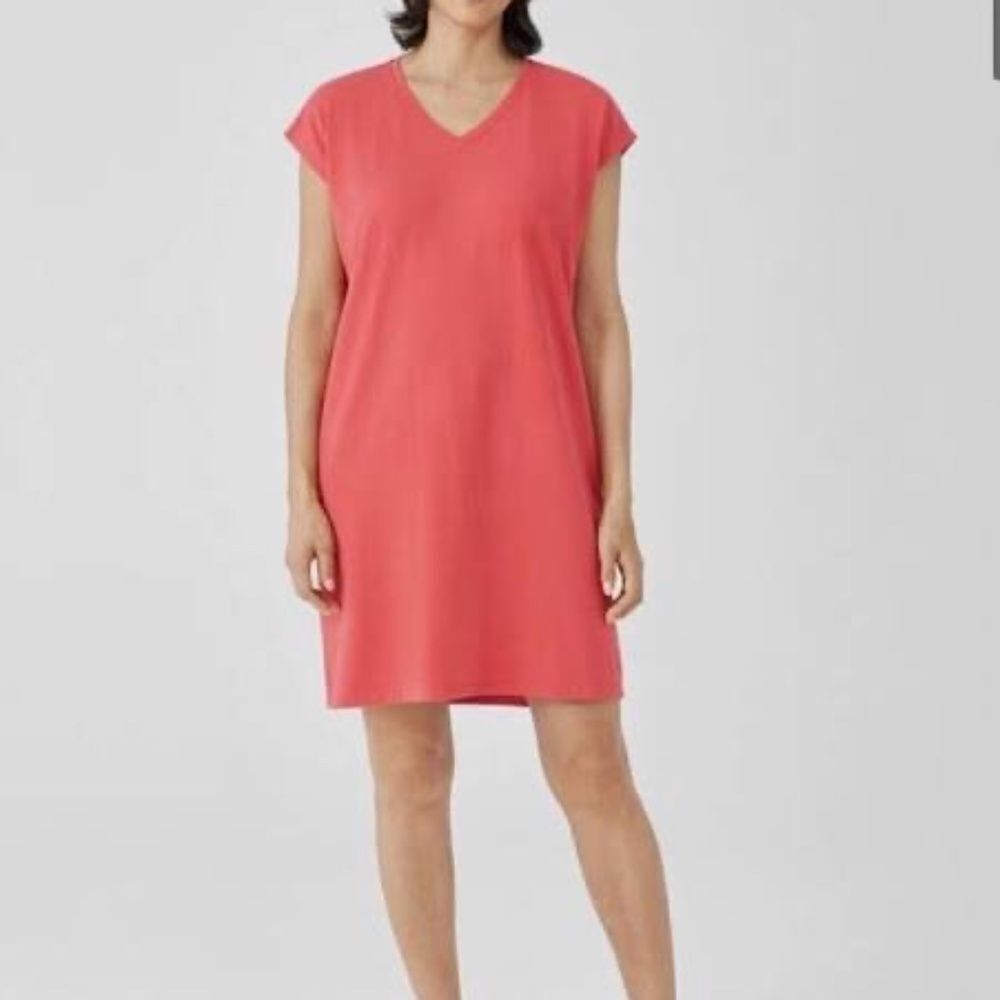 Eileen Fisher Woman Coral Pink Organic Cotton‎ V Neck Tee Shirt Dress Sz …